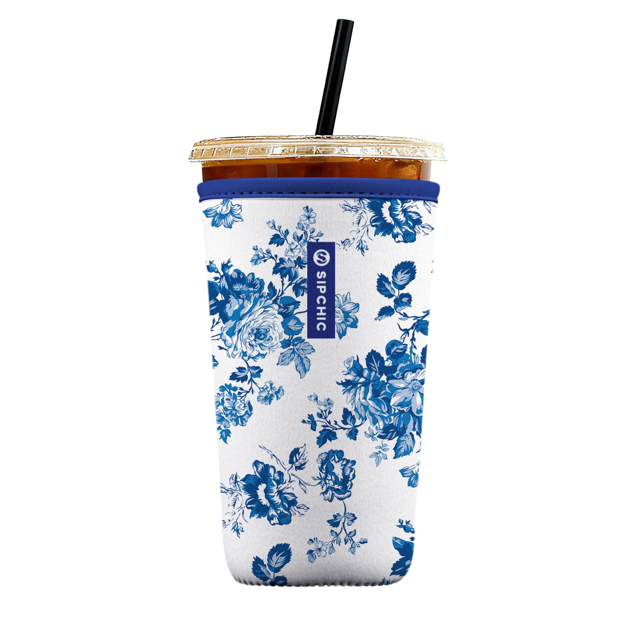 Iced Coffee Sleeve – Neoprene Reusable Cup Sleeves for Drinks, Insulated Drink Sleeves to Keep Hands Dry &amp; Drinks Cold, Stylish &amp; Durable Coffee Sleeves (Blue Porcelain Bloom, Large: 30-32oz)