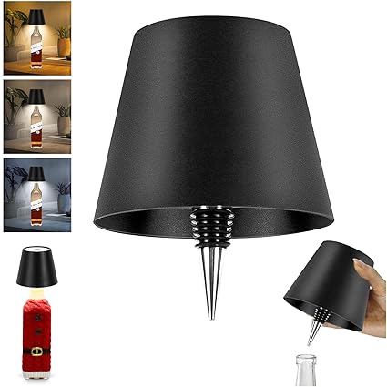 Mebaraul Wireless Bottle Lamp Shade,Rechargeable LED Portable Cordless Table Lamp, 3 Colors Stepless Dimming Touch Wine Bottle Lights for Outdoor Bars Dining Bedroom (Black-1PC)