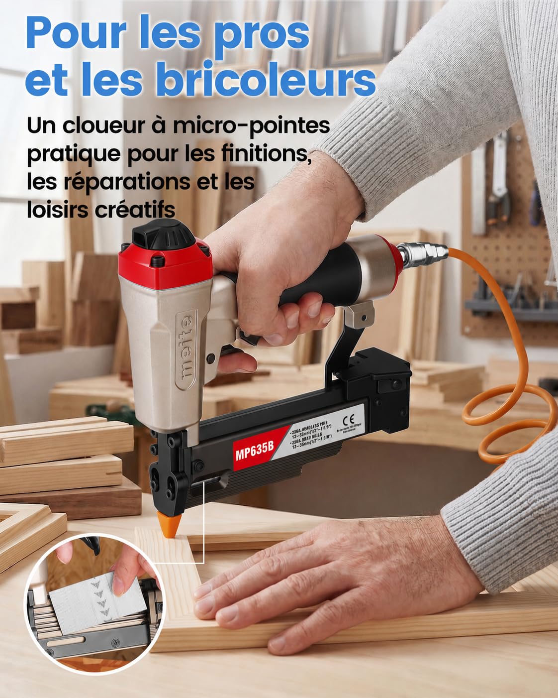 meite MP635B Cloueuse avec 10 000 clous (25 mm), cloueuse pneumatique de calibre 23, pistolet à ongles pneumatique, convient aux clous de calibre 23 de 12 mm à 35 mm, idéal pour les panneaux, petite