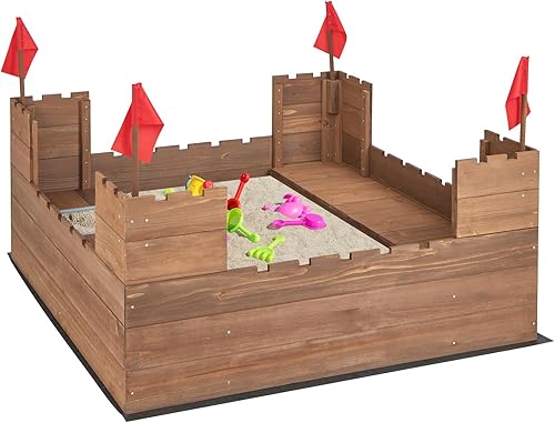 Miniatura 9 de HONEY JOY Caja de arena para niños, pozo de arena sin fondo de cedro para patio trasero, 4 banderas rojas y forro inferior, banco lateral y 2 cajas,