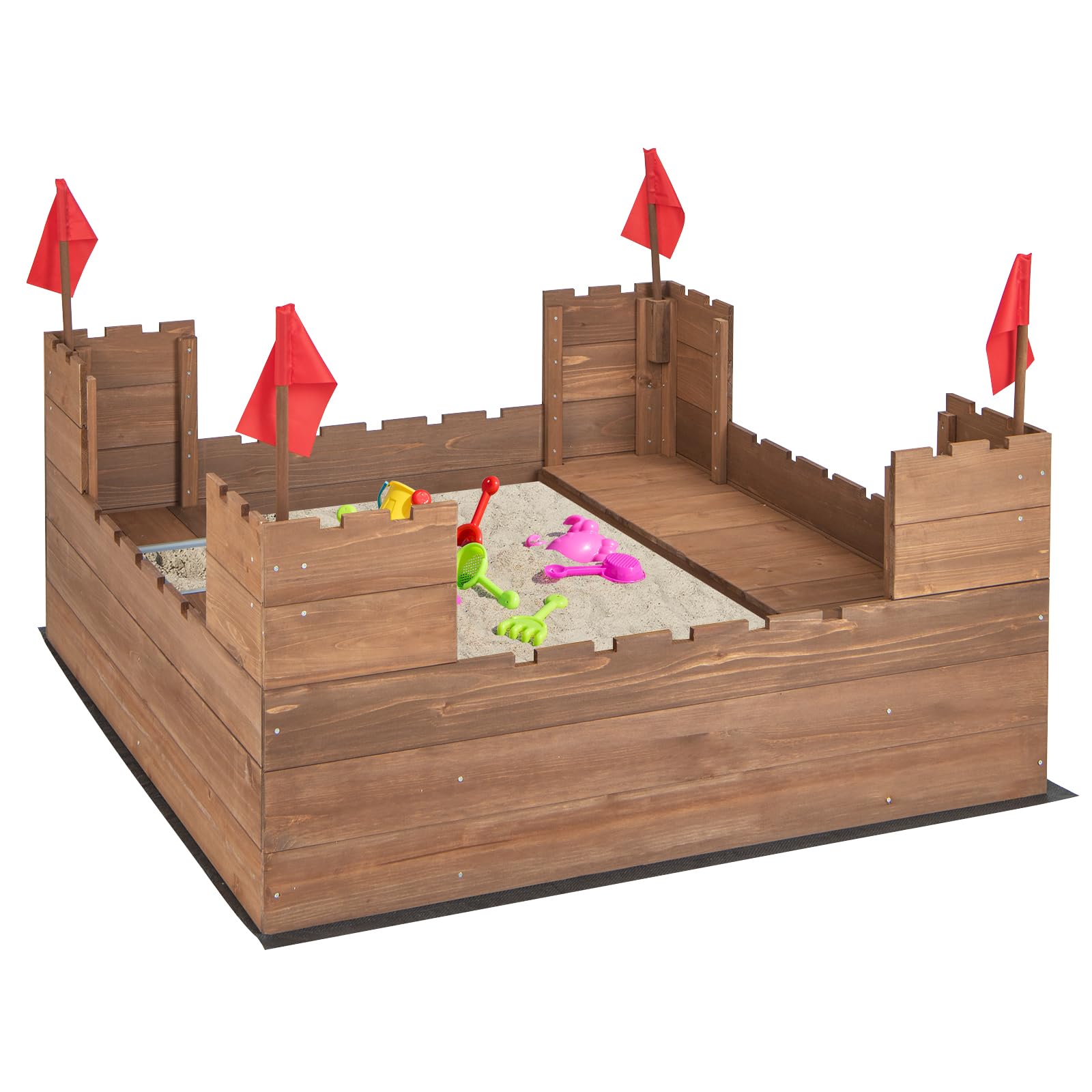 COSTWAY Bac à Sable en Bois Enfants 113 x 116cm avec 2 Bancs, Boîte à Sable sur Thème du Château avec 2 Boîte Amovibles & Drapeaux, Capacité de Sable 120L pour 2 Enfants de 3-8 Ans
