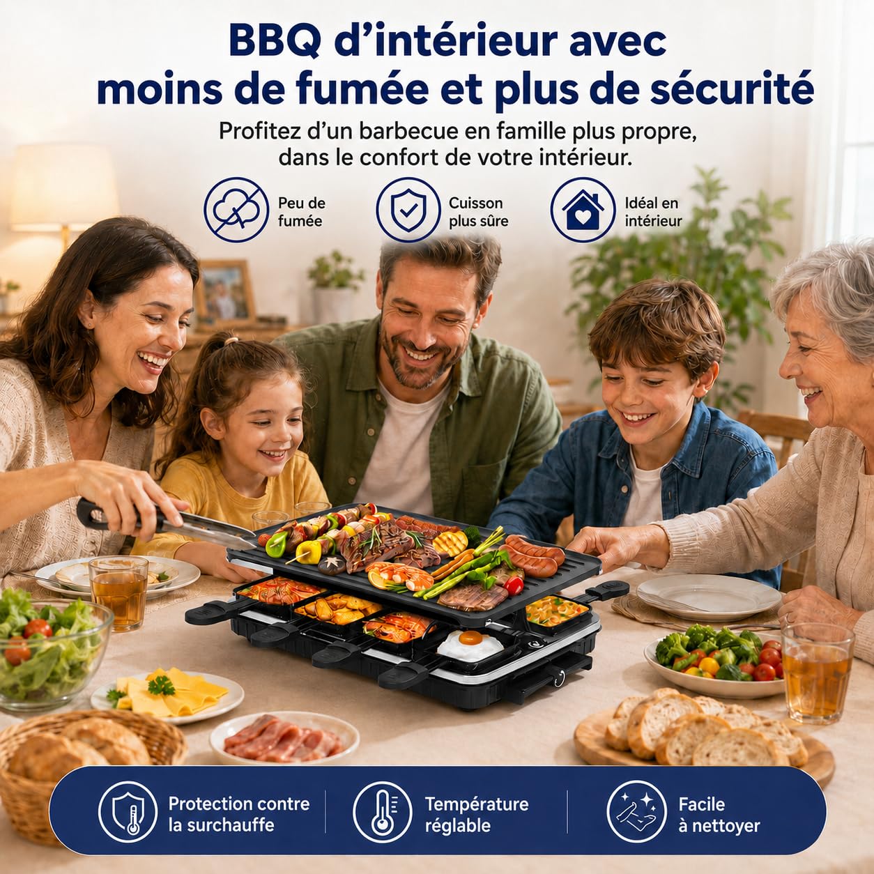 Griglia per Raclette, Raclette 8 Persone, 1300W Griglia Elettrica Antiaderente Reversibile con 8 Padelline per Formaggio Raclette in Miniatura e 1 Spatola di Legno, per Barbecue al Chiuso