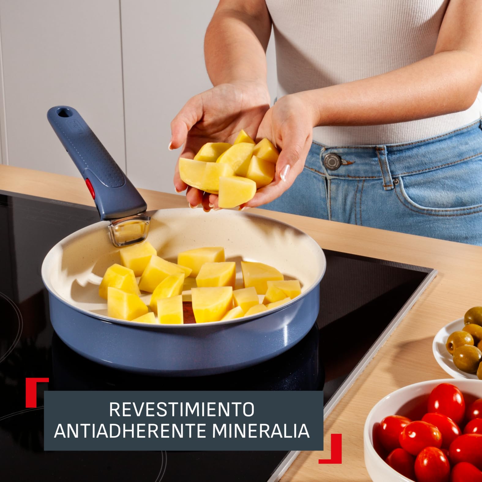 Tefal Ingenio Serenity - Juego de 2 Sartenes 22/28 cm + Wok 26 cm + 2 Cazos 16/20 cm + 4 Accesorios + 2 Mangos, Revestimiento Antiadherente, Apilable, Inducción, Apto lavavajillas y horno, Azul