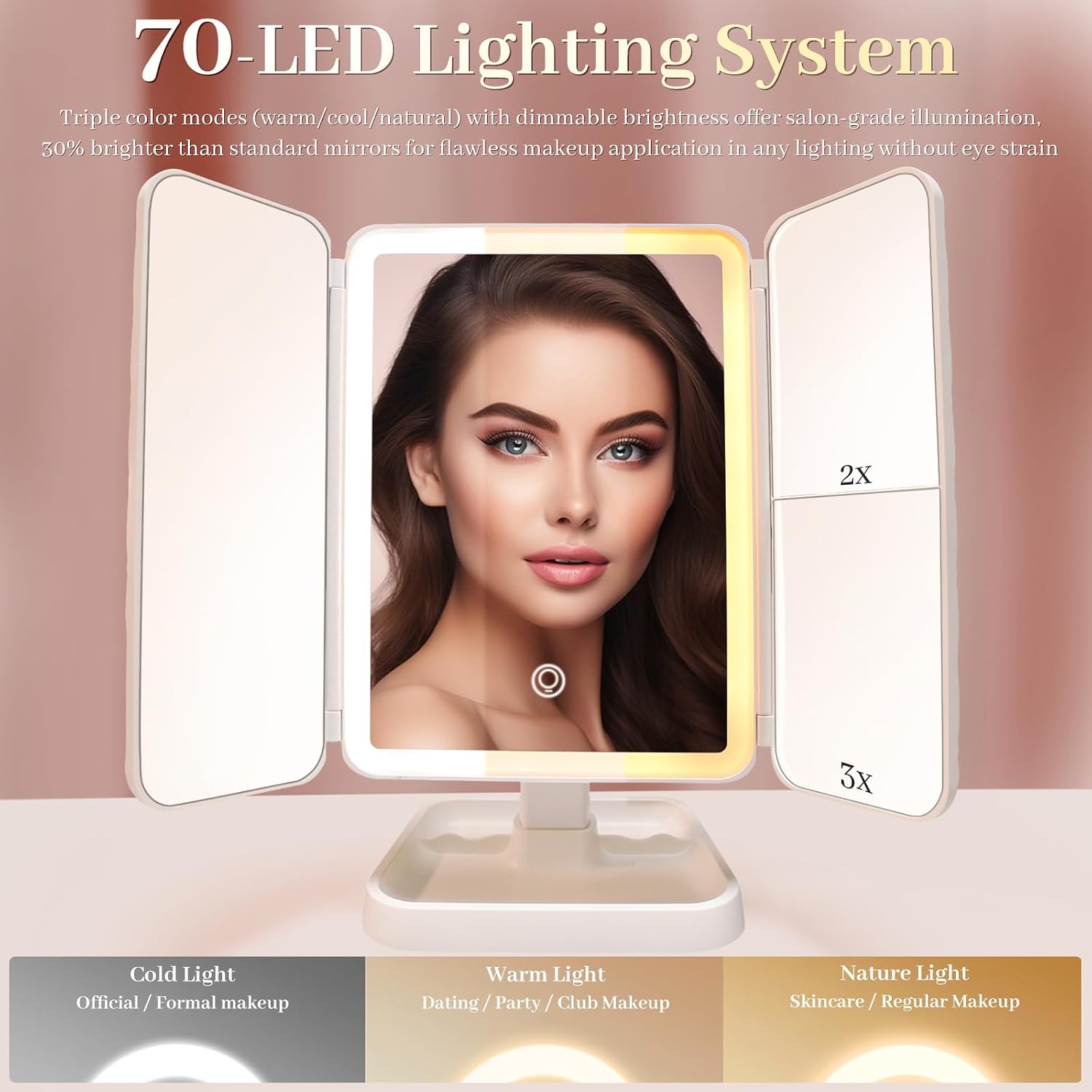 LED Tri-Fold Vanity Mirror with Lights, Touch Screen and 3X/2X/1X Magnification with 3 Color & Adjustable Brightness, Portable Rechargeable Makeup Mirror Pro with Lights Dollar for Desk Dorm Travel