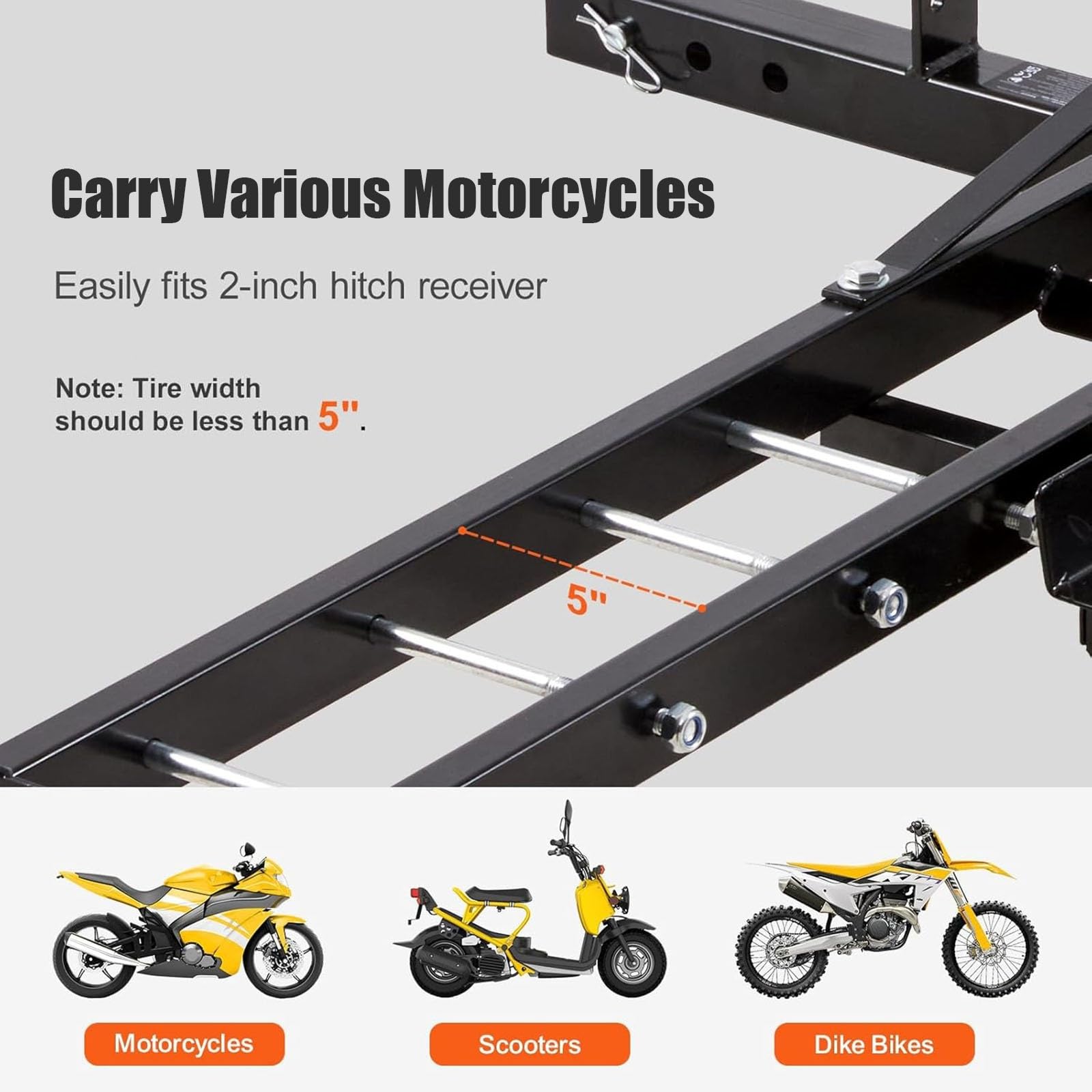 Porte-attelage de Moto, Porte-attelage Robuste pour Moto Tout-Terrain, avec Verrouillage de Rampe, Tendeur d'attelage, Récepteur de 5 Cm/2" - Charge Maximale 226 Kg