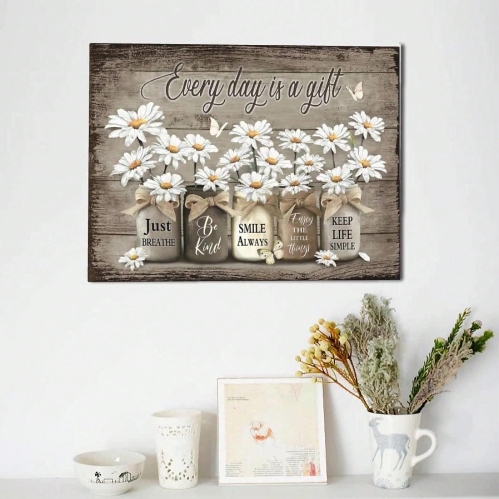 AIHNBF Lienzo rústico con diseño de margaritas, decoración de casa de campo, cuadro con frases de Mason Jar, imagen floral inspirada para salón, cocina, pasillo, regalo de inauguración de la casa, sin