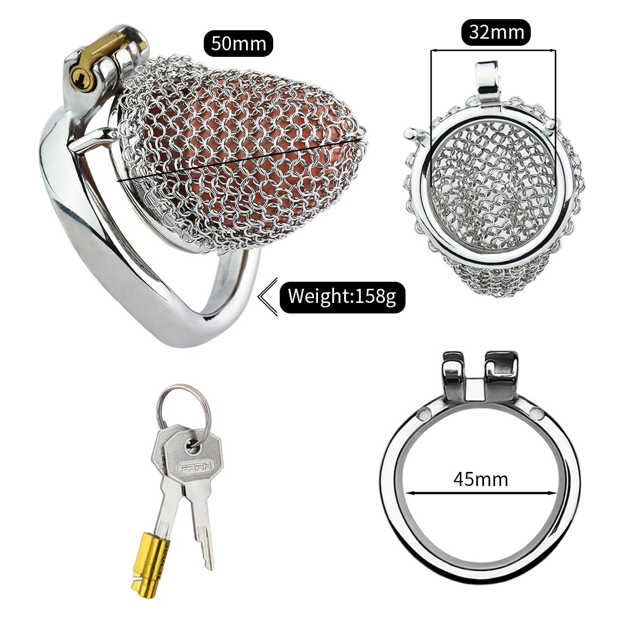 AAKOMA Dispositif de chasteté masculin hypoallergénique en acier inoxydable cage à coq creuse anneau de pénis maille dispositif de bondage BDSM jouet sexuel masculin adulte, anneau incurvé 45 mm