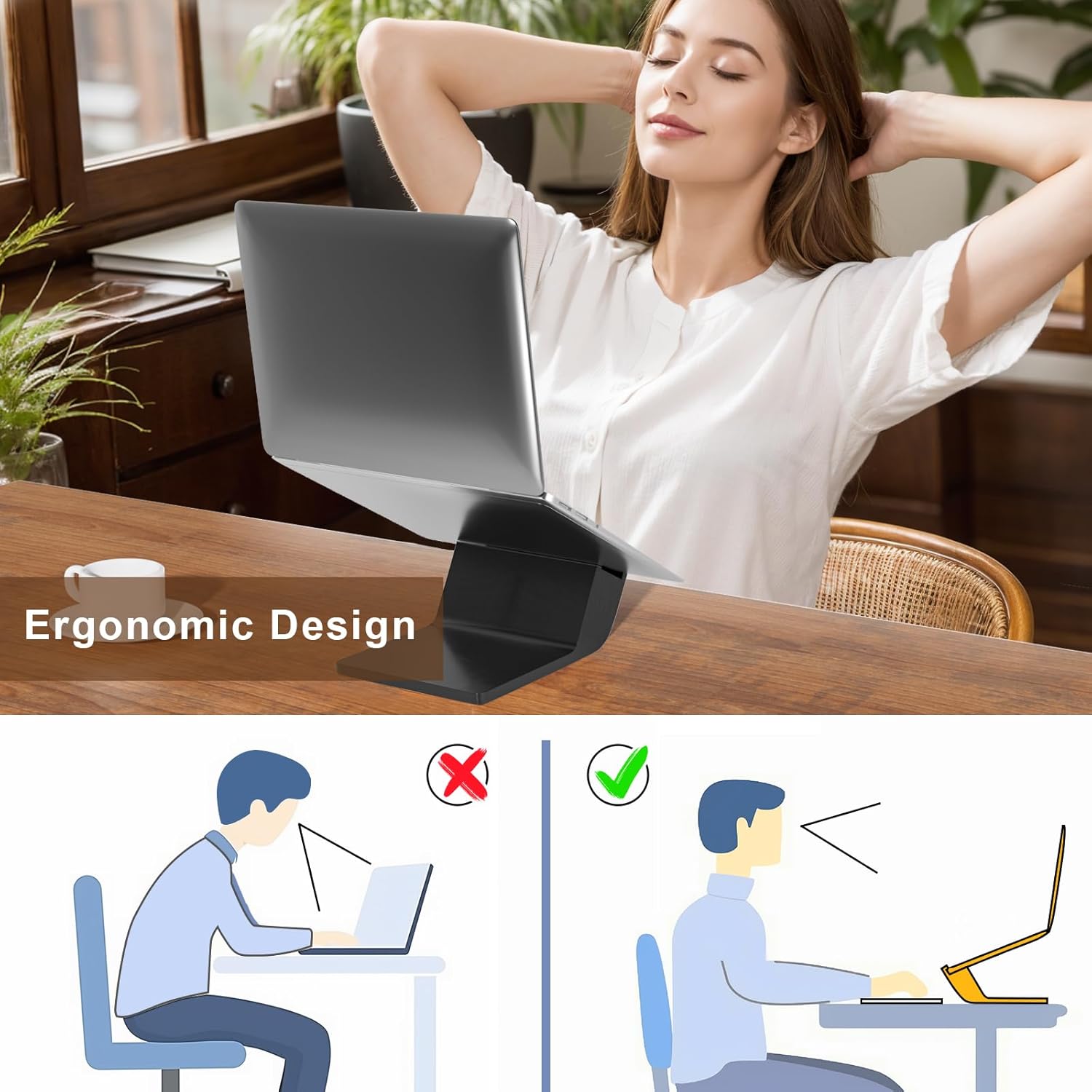 Wooden Laptop Stand, Ergonomic Computer Stand for Desk, Portable Laptop Riser, Notebook Stand Holder Compatible with MacBook Pro/Air, Dell, HP, Lenovo and All Laptops (10-17 inch), Black image 2 of 6 B0DR8KPMWF