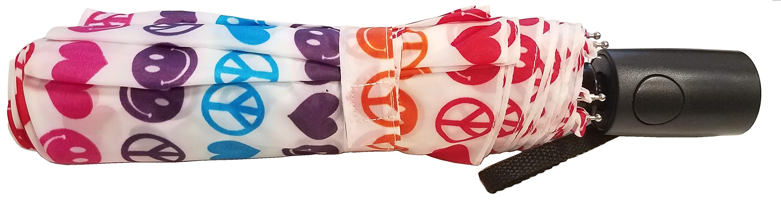 Totes BASIC Automatic Open Compact Peace Sign Heart Umbrella, 42" Coverage, Colorful Symbols And Smiley Emojis