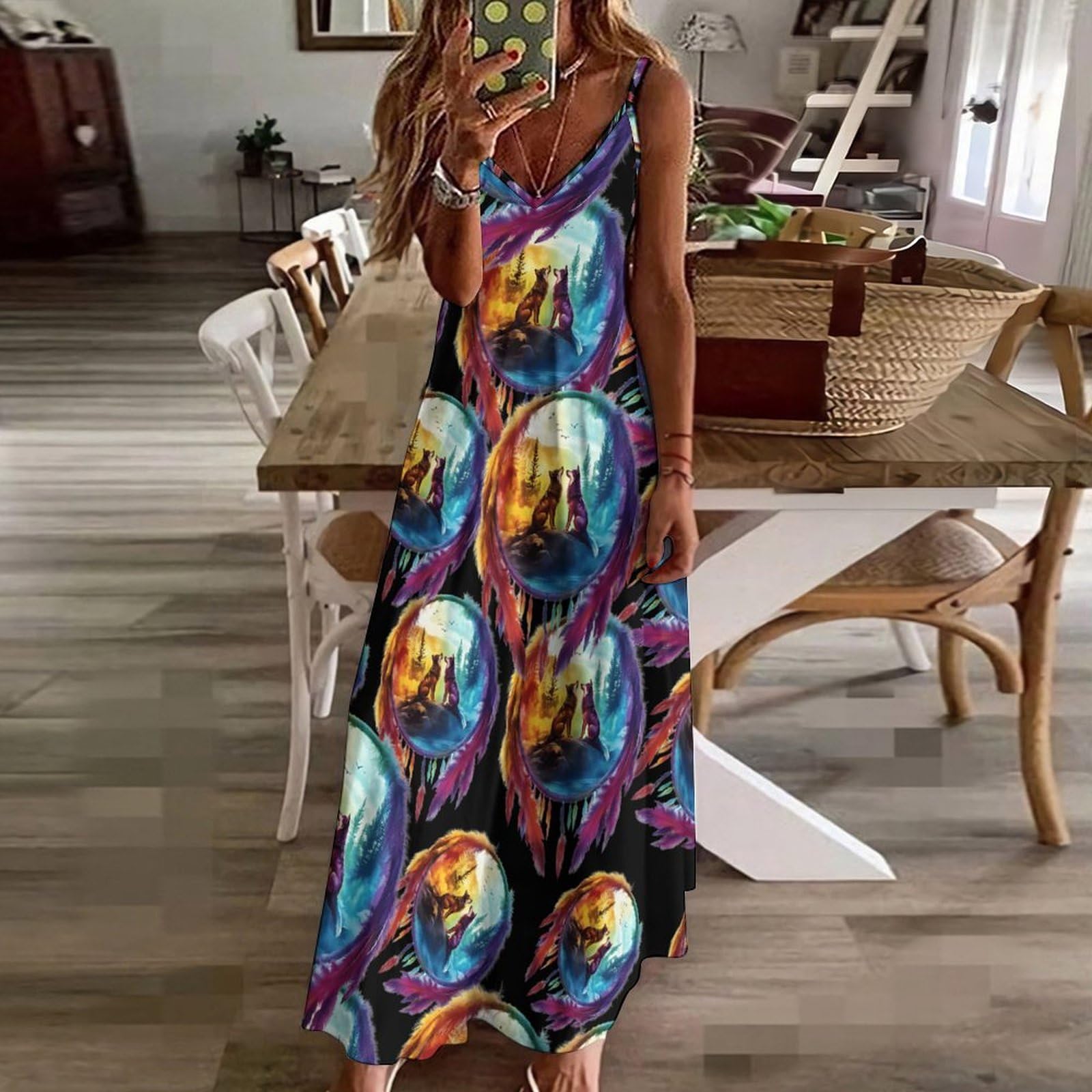 Wolf - Vestido casual para mujer, con diseño de atrapasueños, ajustable, largo hasta el tobillo, con volantes, vestido de verano fluido