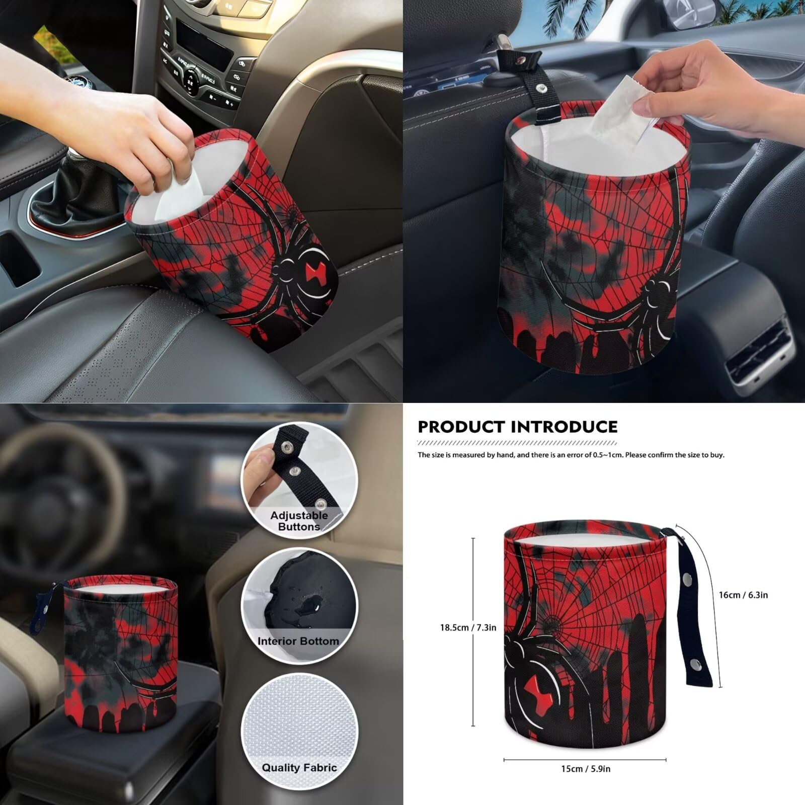Set di coprisedili per auto, motivo ragnatela, coprisedili anteriori e posteriori, coprivolante, leva del cambio + copribracciolo, cuscinetti per cinture di sicurezza, pattumiera