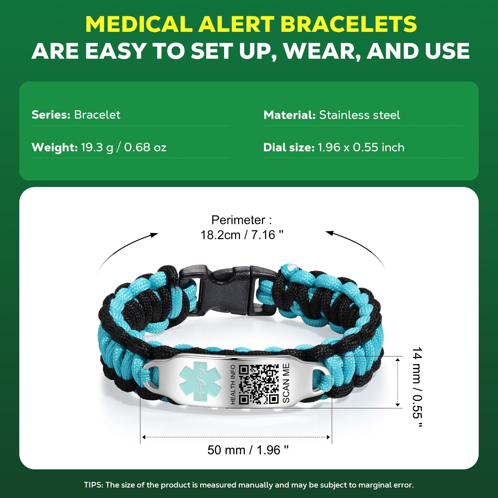 Bracelets médicaux pour homme et femme avec code QR - Bracelet d'identification médicale en nylon imperméable pour poignets jusqu'à 17,8 cm - Plus d'espace - Informations d'identification