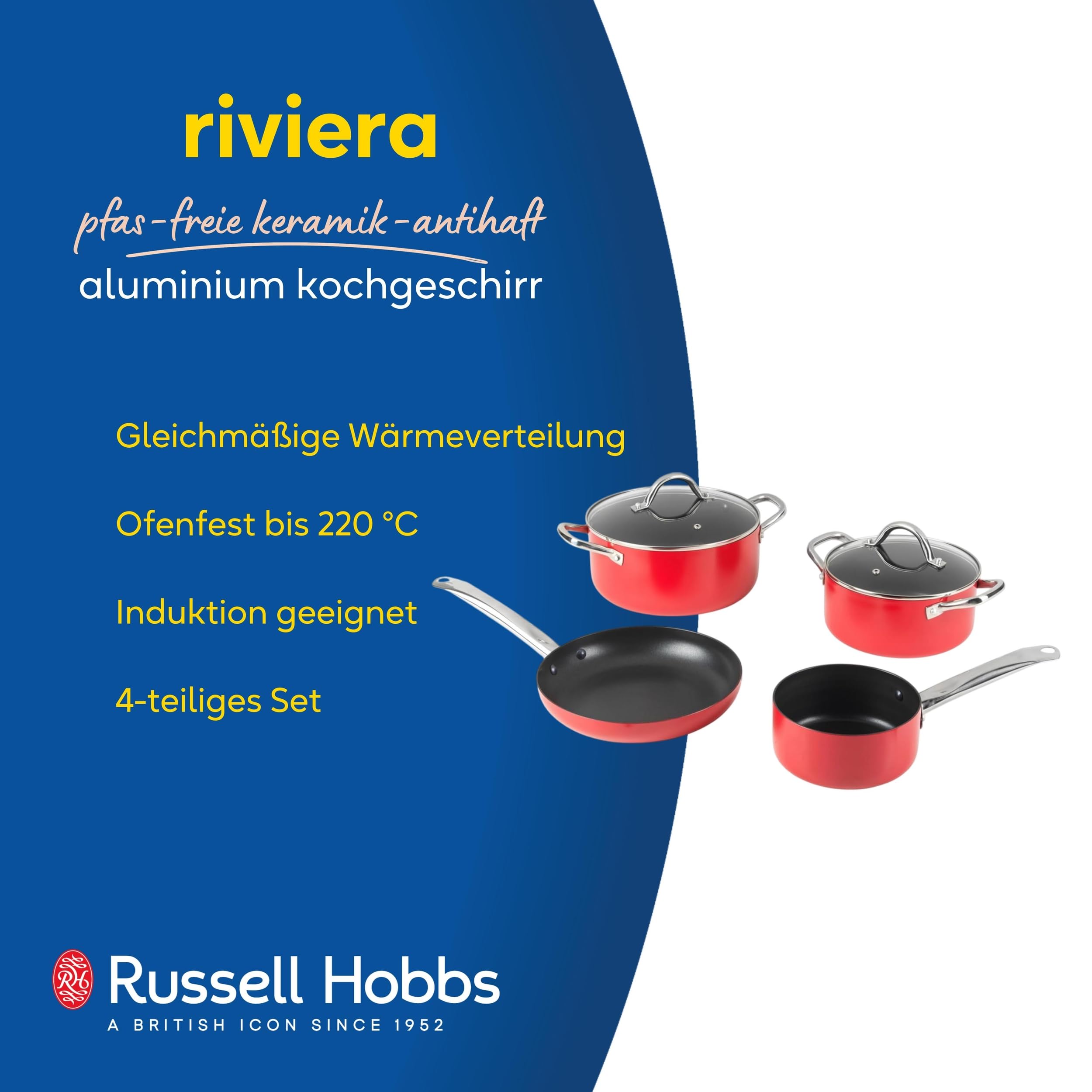 Russell Hobbs Riviera Kochgeschirr-Set, 4-teilig, Keramik-Antihaft | Pressaluminium, PFAS-freie Keramikbeschichtung, induktionsgeeignet, ofenfest bis 220 °C, 24 cm Pfanne, 16 cm Topf, 20/24