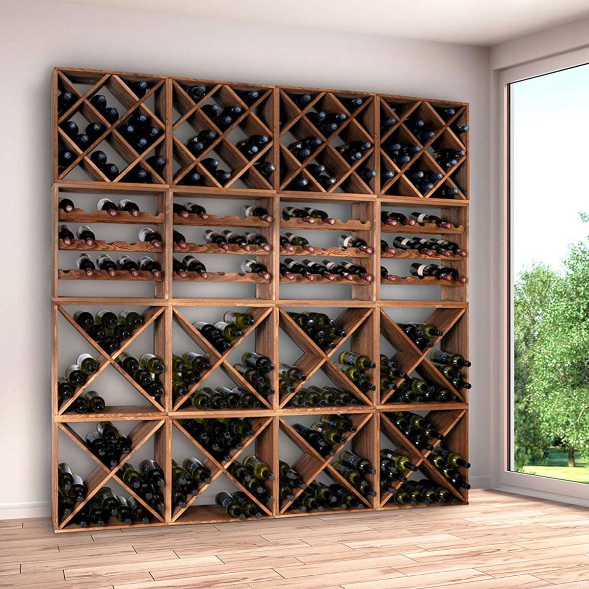 Cave à Vin Modulable CUBOX 50 – Rack Mural 320 Bouteilles – Système Composable en Bois FSC® – Set 16 Modules – Saper Bere Bene® – Couleur Brun Foncé – Dim. 200x200x25 cm