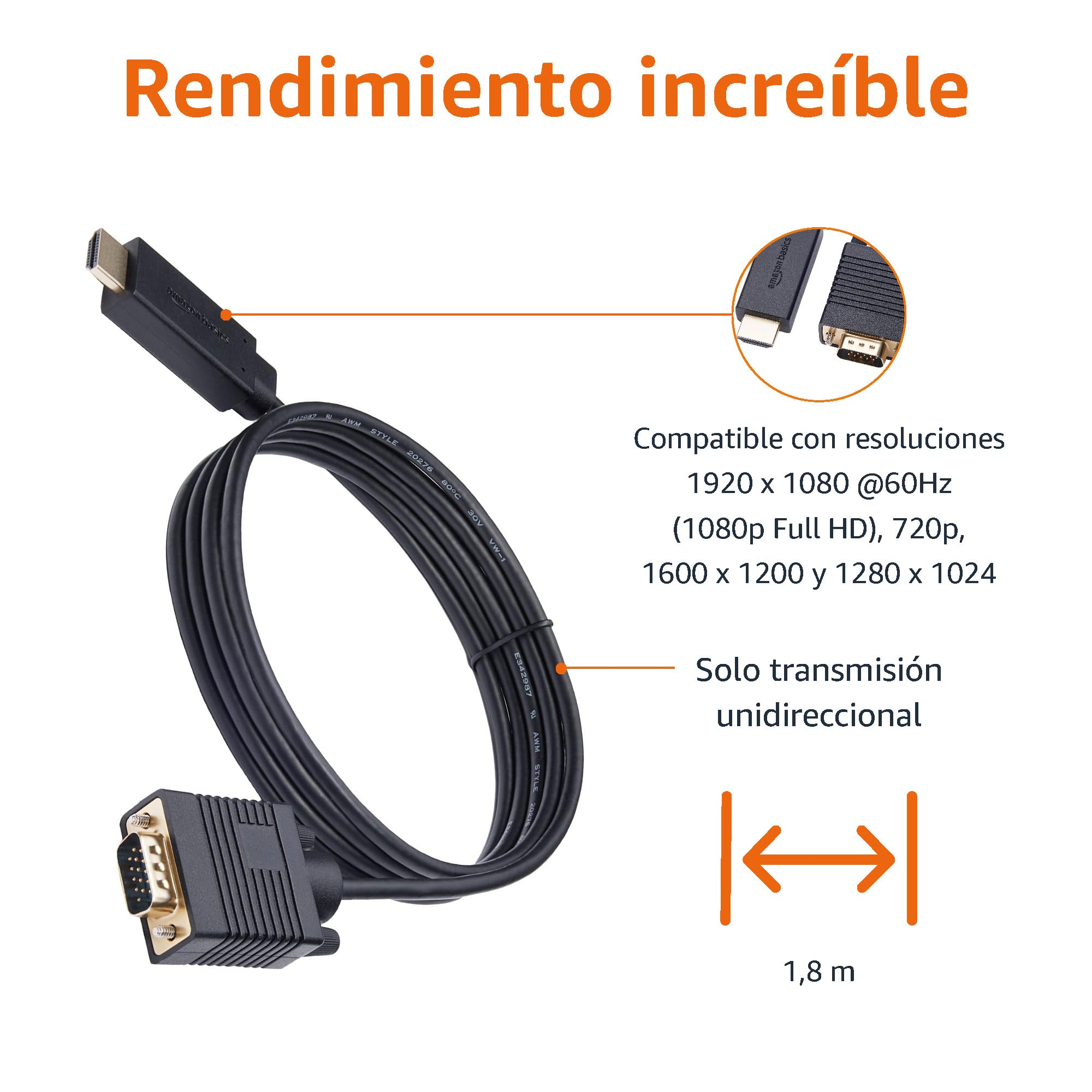 Amazon Basics Cable de HDMI (fuente) a VGA (pantalla) (NO bidireccional), chapado en oro, 6 feet, negro