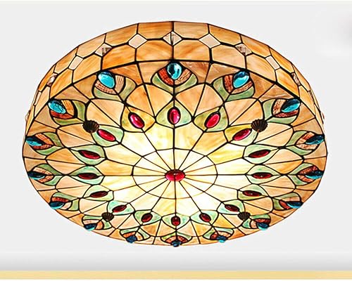 Eapmic Lámpara de techo Tiffany vintage hecha a mano LED colorida lámpara remota de montaje empotrado, pantalla con cola de pavo real para sala de