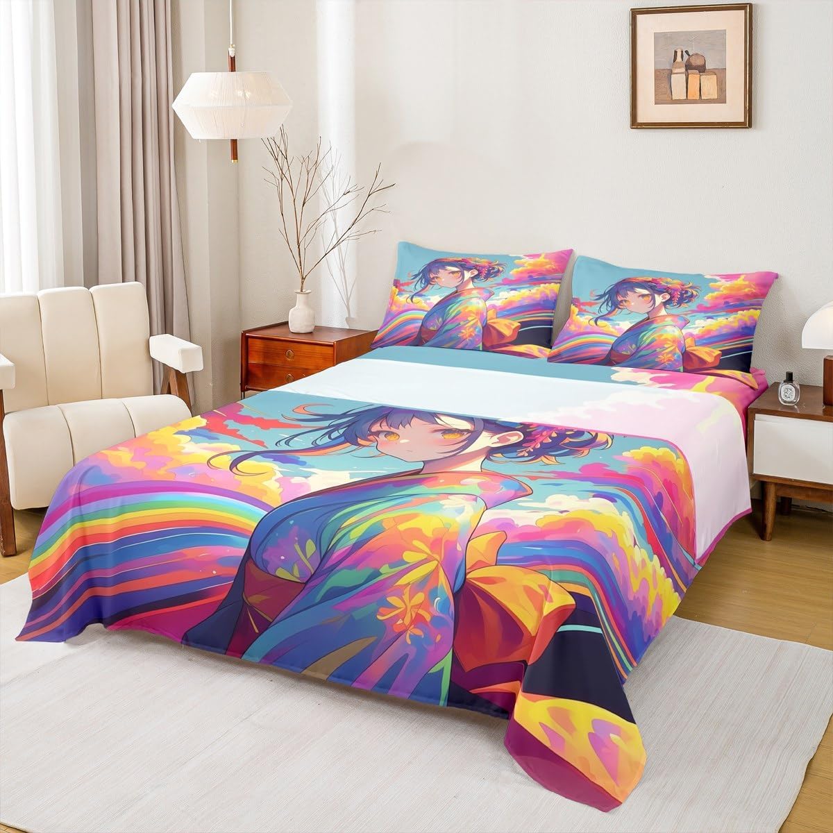 Anime Girl Bed Sheet Set for Boys Girls,Japanese Traditional Style Bed Sheet Set Full Size Bedding Set,Colorful Rainbow Cloud Sky Fitted Sheet and 1 Flat,2 Pillow Sham