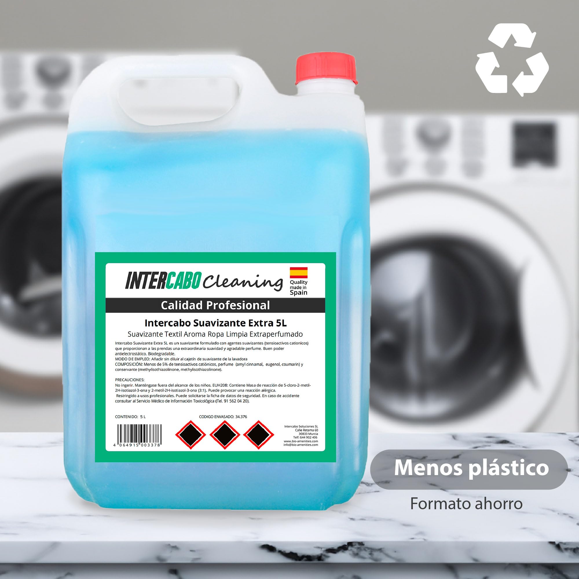 4 Garrafas suavizante ropa 5 litros - total 20L - fórmula concentrada con fragancia duradera - suavidad y frescura para textiles - uso intensivo en hoteles, lavanderías y colectividades - Intercabo