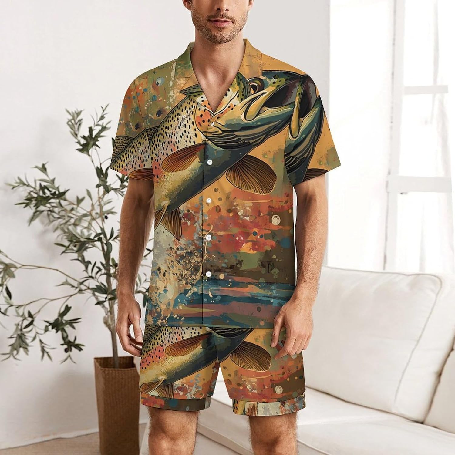 Vintage Trout Fish Jumping Men's Short Sleeve Pajama Set Satin Silk Like Lounge Sleepwear