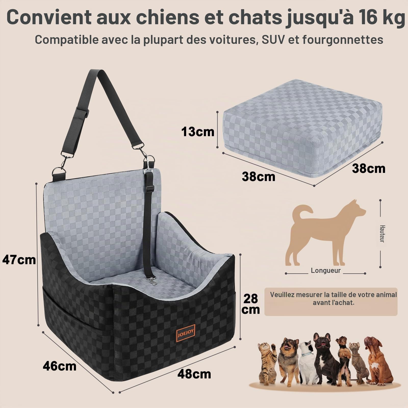 Siège Auto Chien, Extra Stable, pour Chiens de Petite à Moyenne Taille, Rembourrage en Mousse à mémoire de Forme,Housse Lavable,Coussin Double Face, pour siège arrière et siège Avant