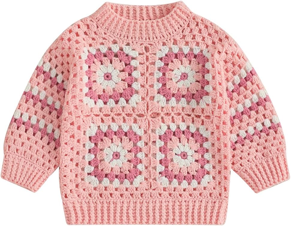 Infant Toddler Baby Girls Pullover Sweater Handmade Crochet Squarey Floral Crewneck Knitwear Fall Winter Clothes