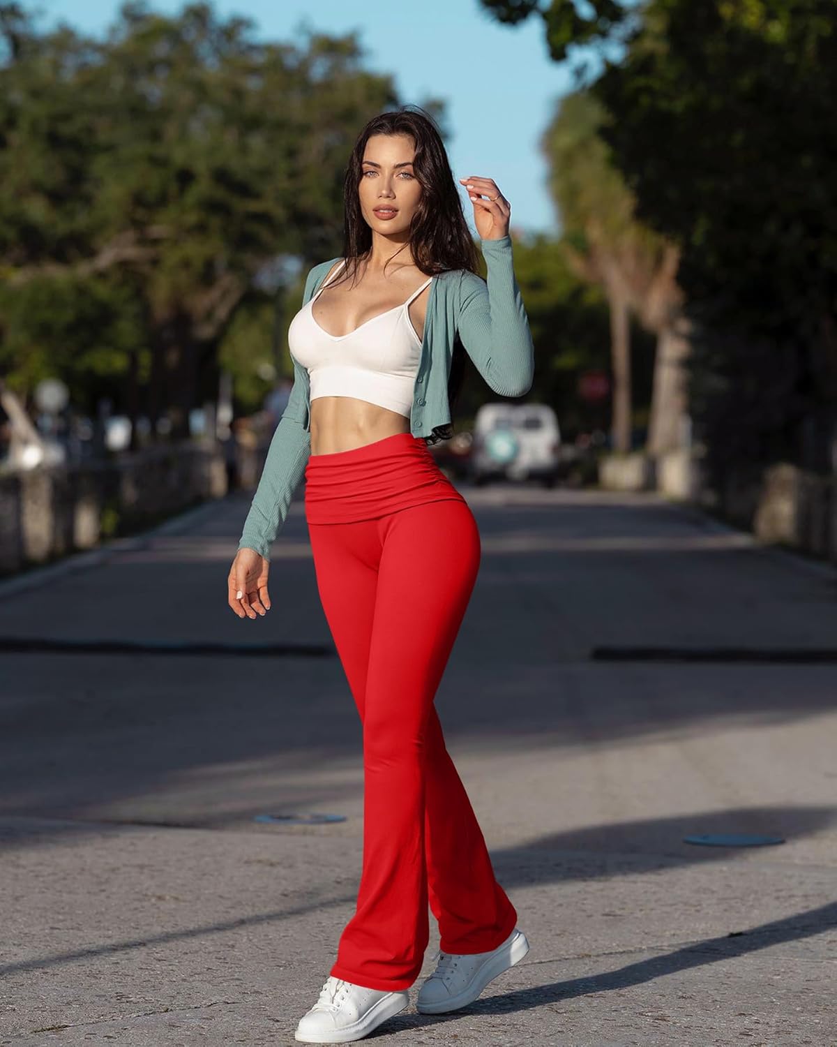 OQQ Women's 2 Piece Flared Pants Ribbed Fold Over Kick Ruched Stretch High Waist Casual Wide Leg - Image 6