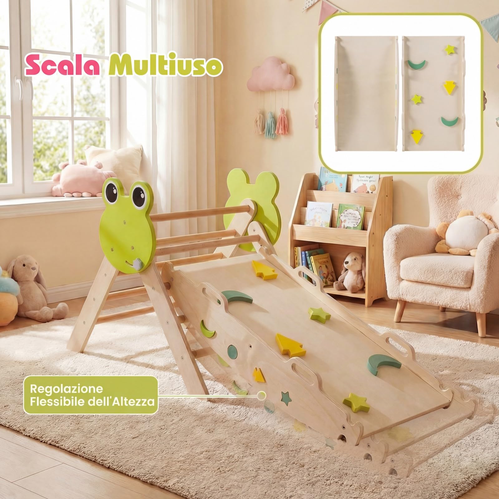 RELAX4LIFE Set da Arrampicata per Bambini, Triangolo di Arrampicata con Scivolo e Arco, Gioco di Incastri in Legno, Gioco Montessori per Bambini 1+ Anni