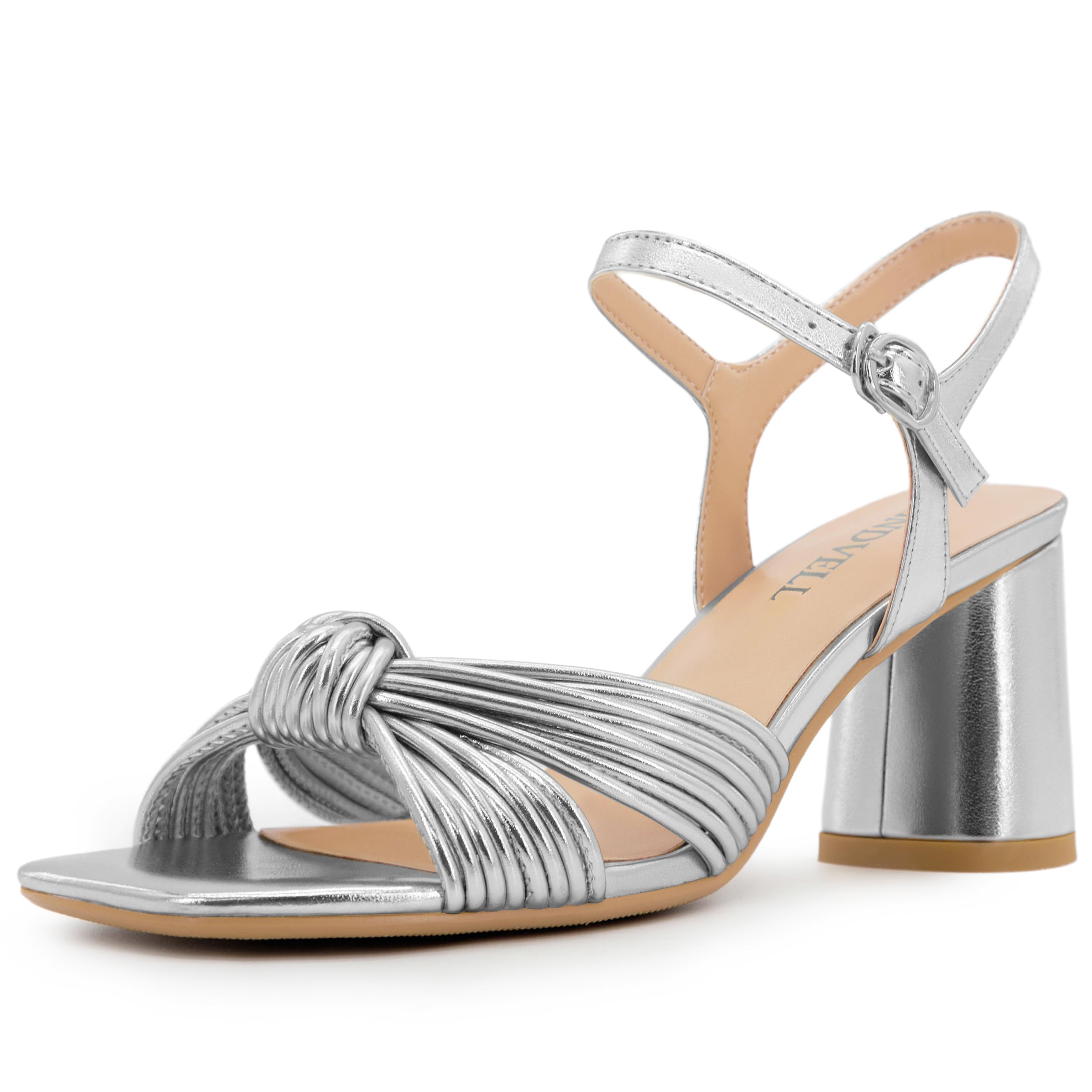 FINDVELL Women's Heeled Sandals Chunky Heel Strappy Metallic Braided Knotted Square Open Toe Ankle Strap Block Heel Sandals