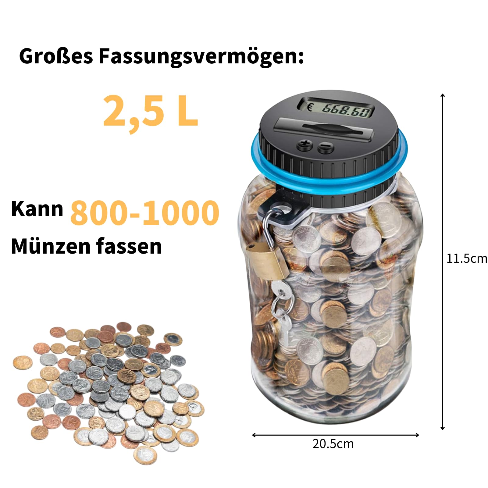 Digitale Spardose, 2,5L (800–1000 Münzen) Spardose mit Zähler, Spardose Groß mit LCD-Bildschirm, Durchsichtige Sparschwein, Münzzähler für Kinder Erwachsene Geschenk