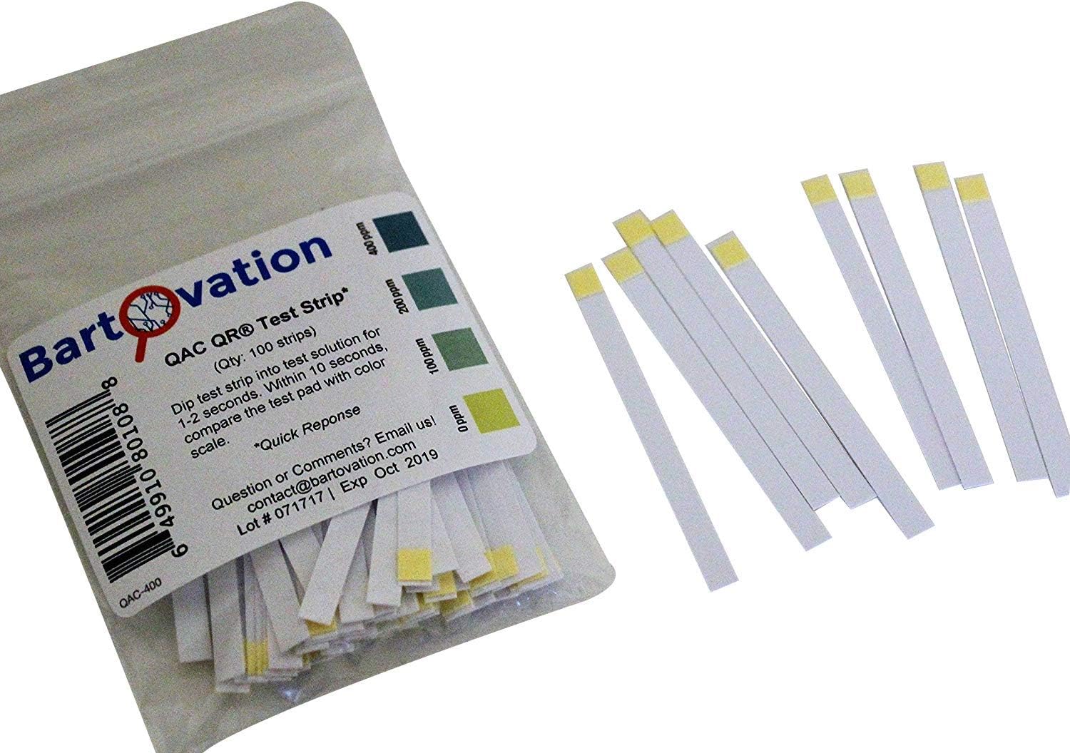 Bartovation Restaurant Quaternary Ammonium (Qac, Multi Quat) Sanitizer Test Strips, 0-400 Ppm [Bag Of 100 Plastic Strips]
