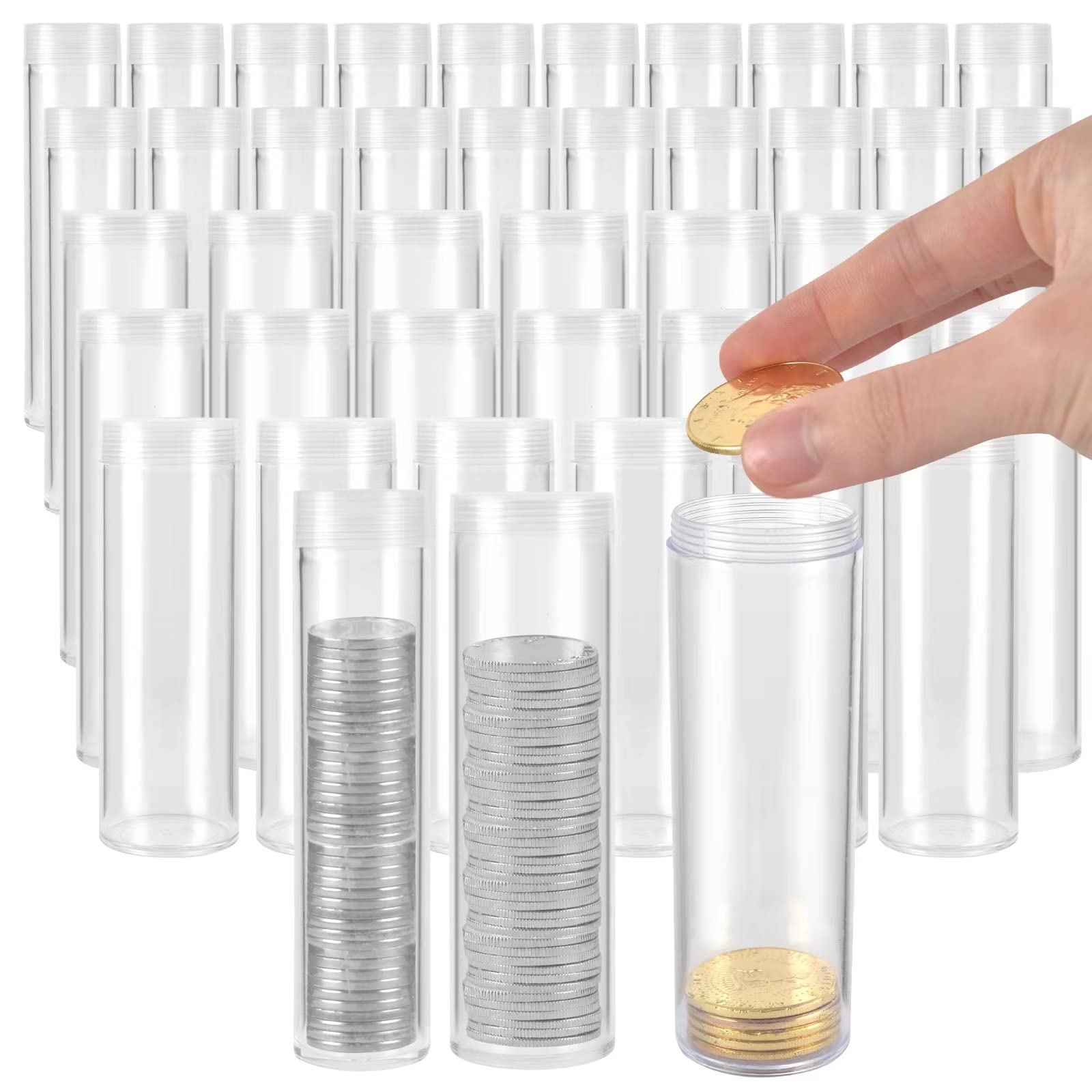 Photo 1 of 100 Pieces Coin Tubes Assorted Sizes 10 Half-Dollar Coin Storage Tubes 60 Coin Storage Tubes Pennies 30 Quarter Coin Tubes Clear Plastic Coin Tubes Nickel Coin Tubes Point