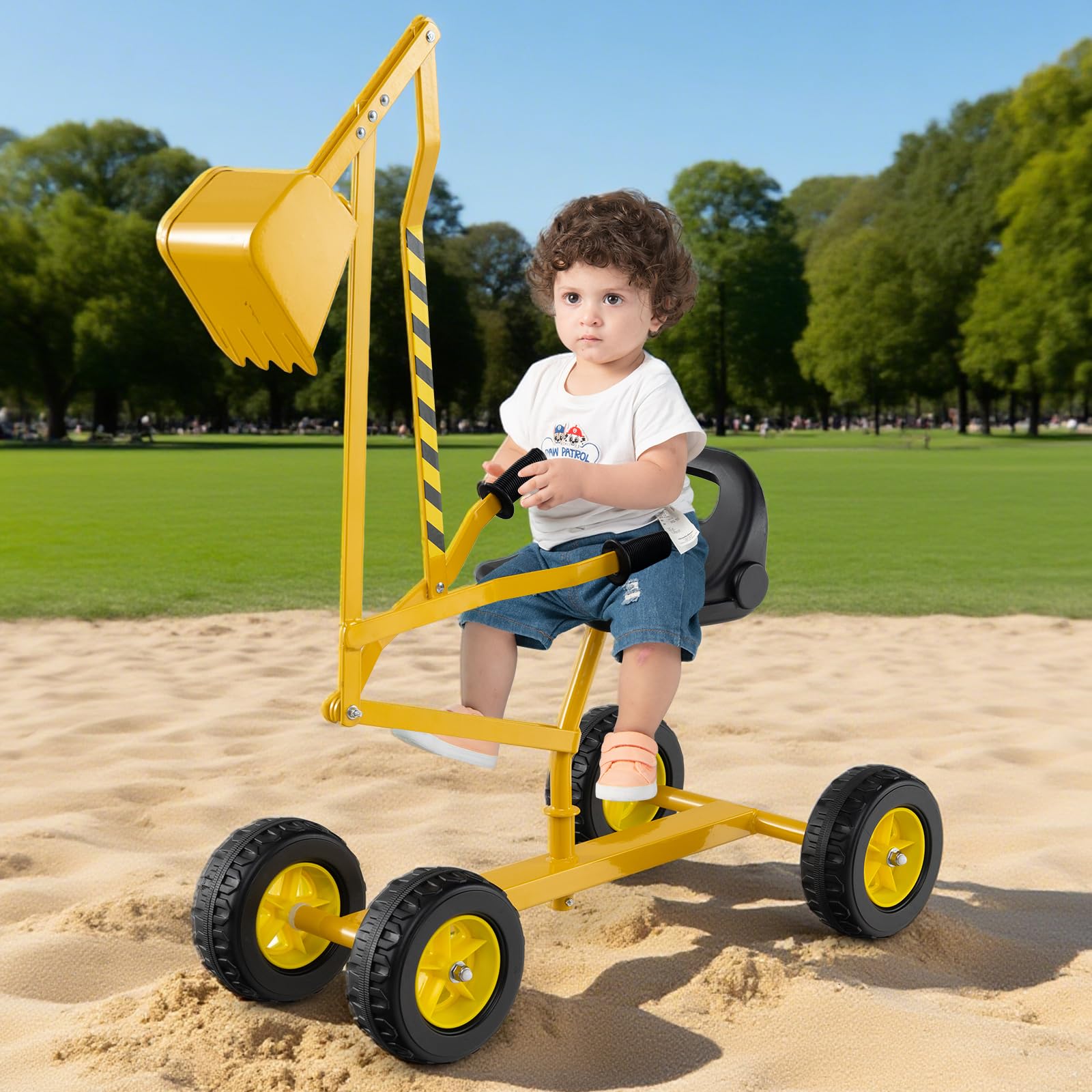 RELAX4LIFE Excavadora de Madera de Juguete con Dos Mandos Manuales y una Pala Flexible, Asiento Giratorio 360º y Reposacabezas Ergonómico, 4 Ruedas, para Niños y Niñas 3+ Años (120x39,5x68cm,Amarillo)