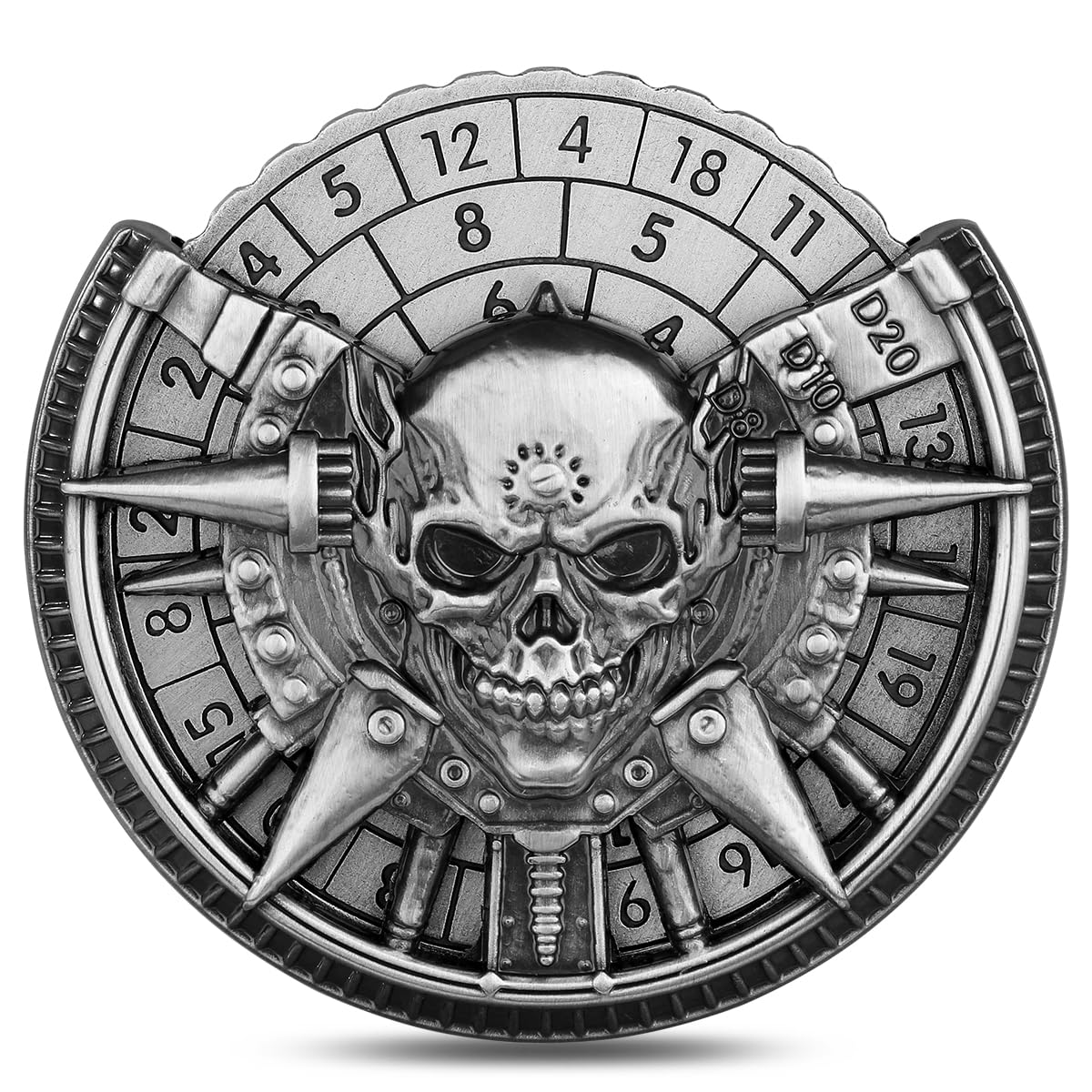 Teschio Roulette Dadi Spinner, 7-in-1 Metallico Spinner Dadi DND, Teschio Fidget Spinners, Regali di D&D con Sacchetto Regalo Logo Drago, Giochi di Ruolo, Accessori per Giochi da Tavolo, Argento Scuro