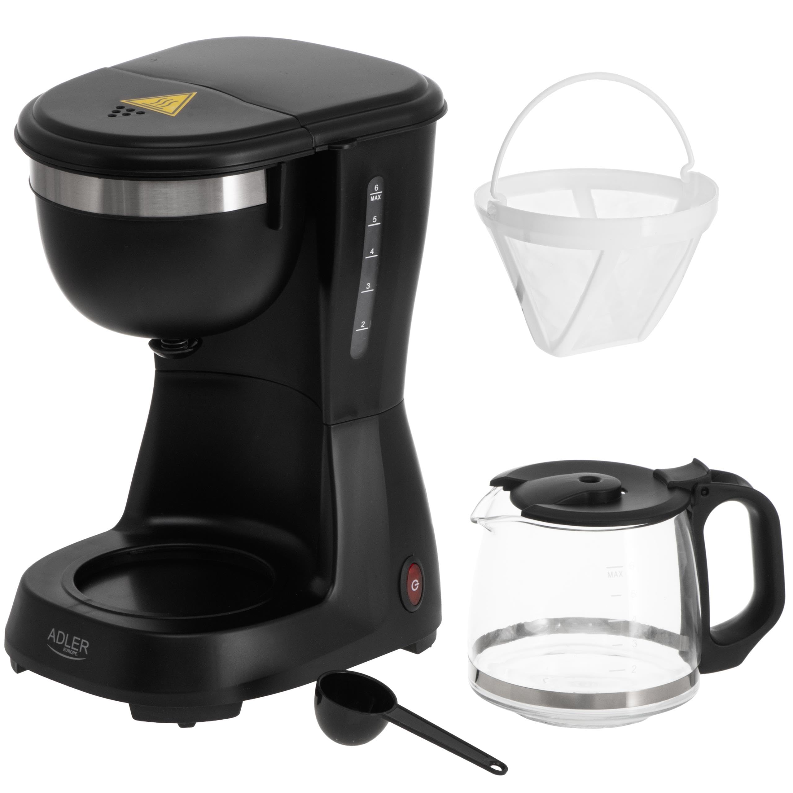 ADLER EUROPE Ekspres do kawy przelewowy, ekspres do kawy z dzbankiem szklanym 600ml, moc 600W, Filtr wielokrotnego użytku, funkcja podtrzymywania temperatury, blokada kapania, czarny