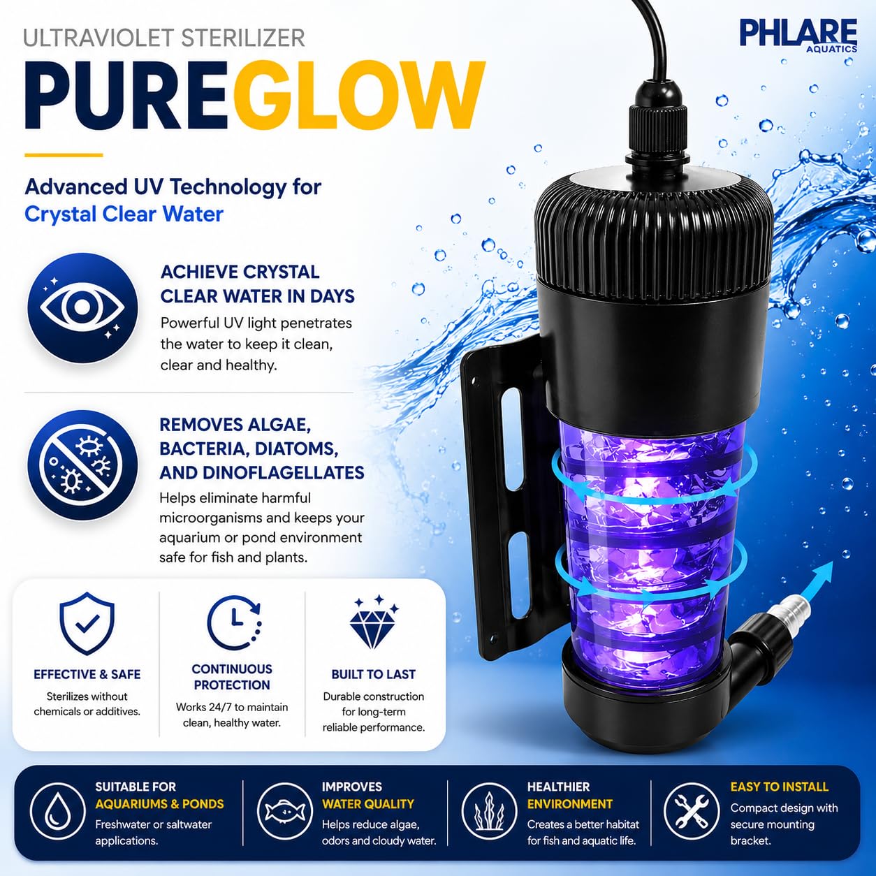 Filtro UV para acuario, luz UV externa para tanques y estanques de agua dulce y salada, 9 W