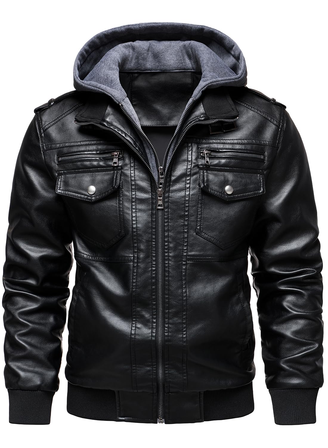 HOOD CREW Herren Lederjacke mit Kapuze Kunstleder Motorradjacken Wasserabweisend Winddicht Moto Vintage Bomberjacke