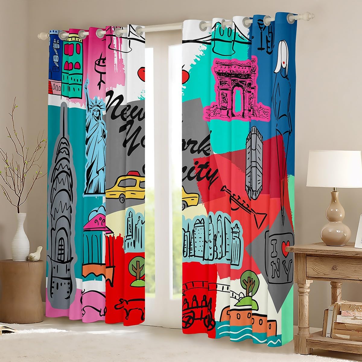 Statue of Liberty Curtains Bedroom Living Room New York Cityscape Darkening Drapes Kids Famous City Scene 30%-50% Blackout Curtains Boys Historical Scenery Window Treatments (2 Panels, 42 x 84 Inch)
