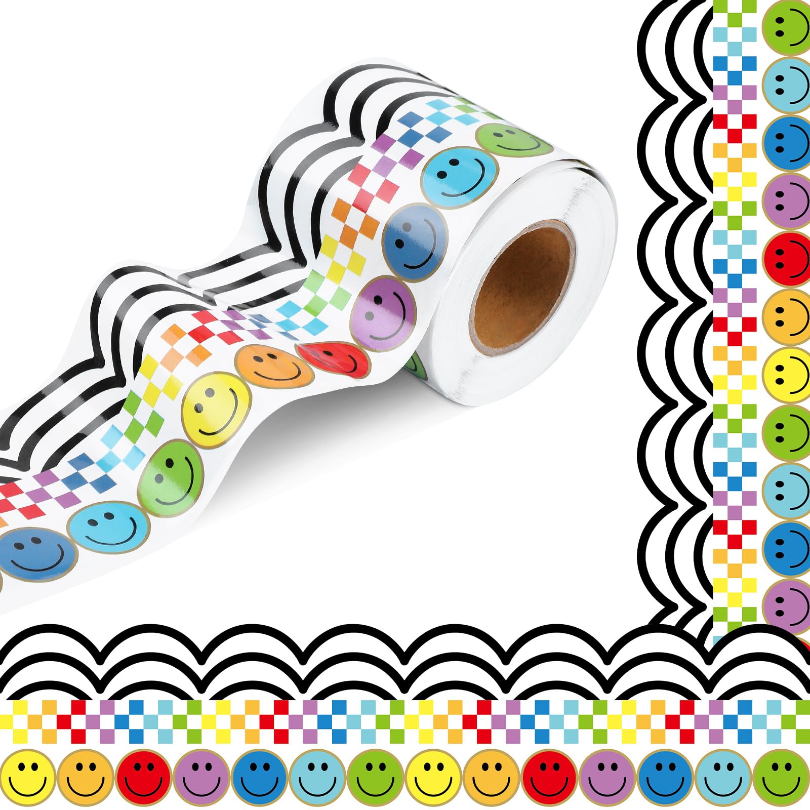65 ft Smile Face Bulletin Board Borders 3 Designs Groovy Board Borders Rainbow Rays Themed Decoration Colorful Trim Stickers for Classroom School Wall Office Decoration