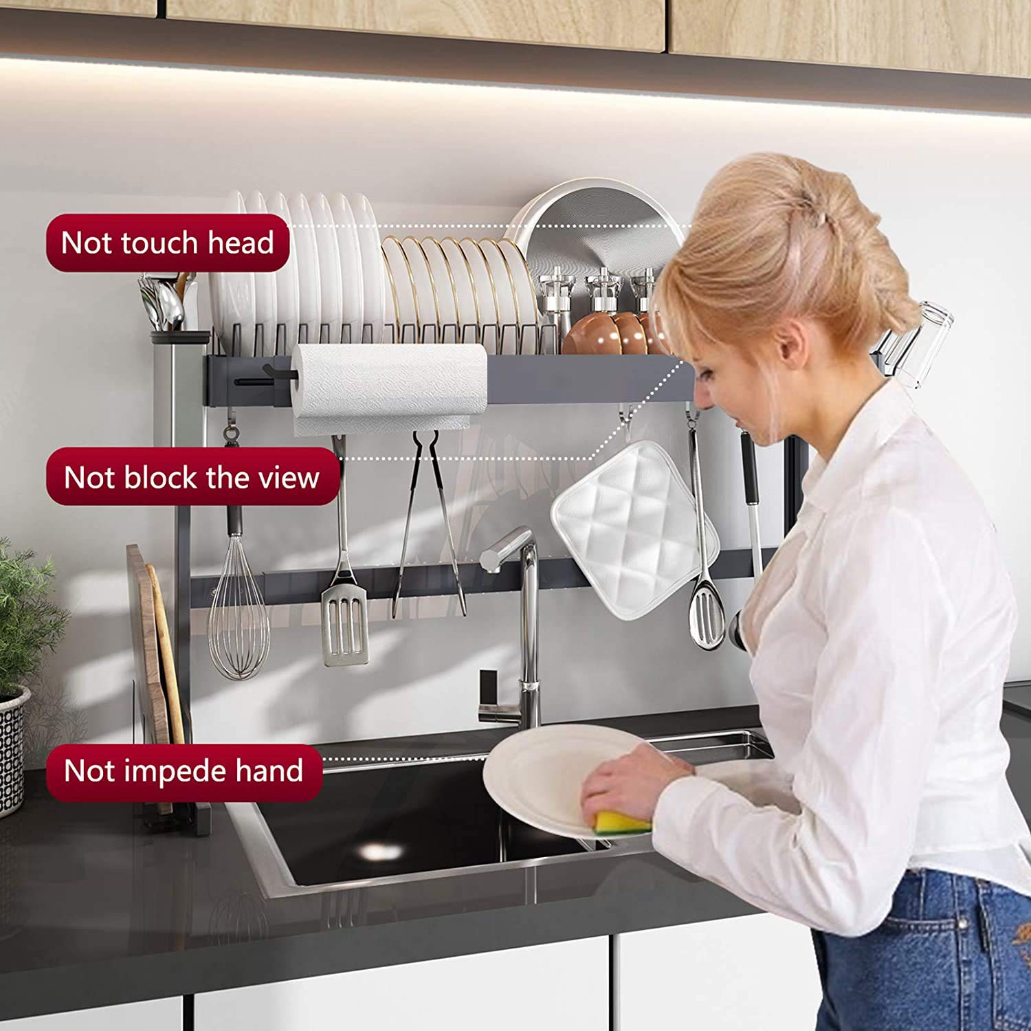 Over Sink Dish Drying Rack, Boosiny 2Tier Adjustable Height and Length