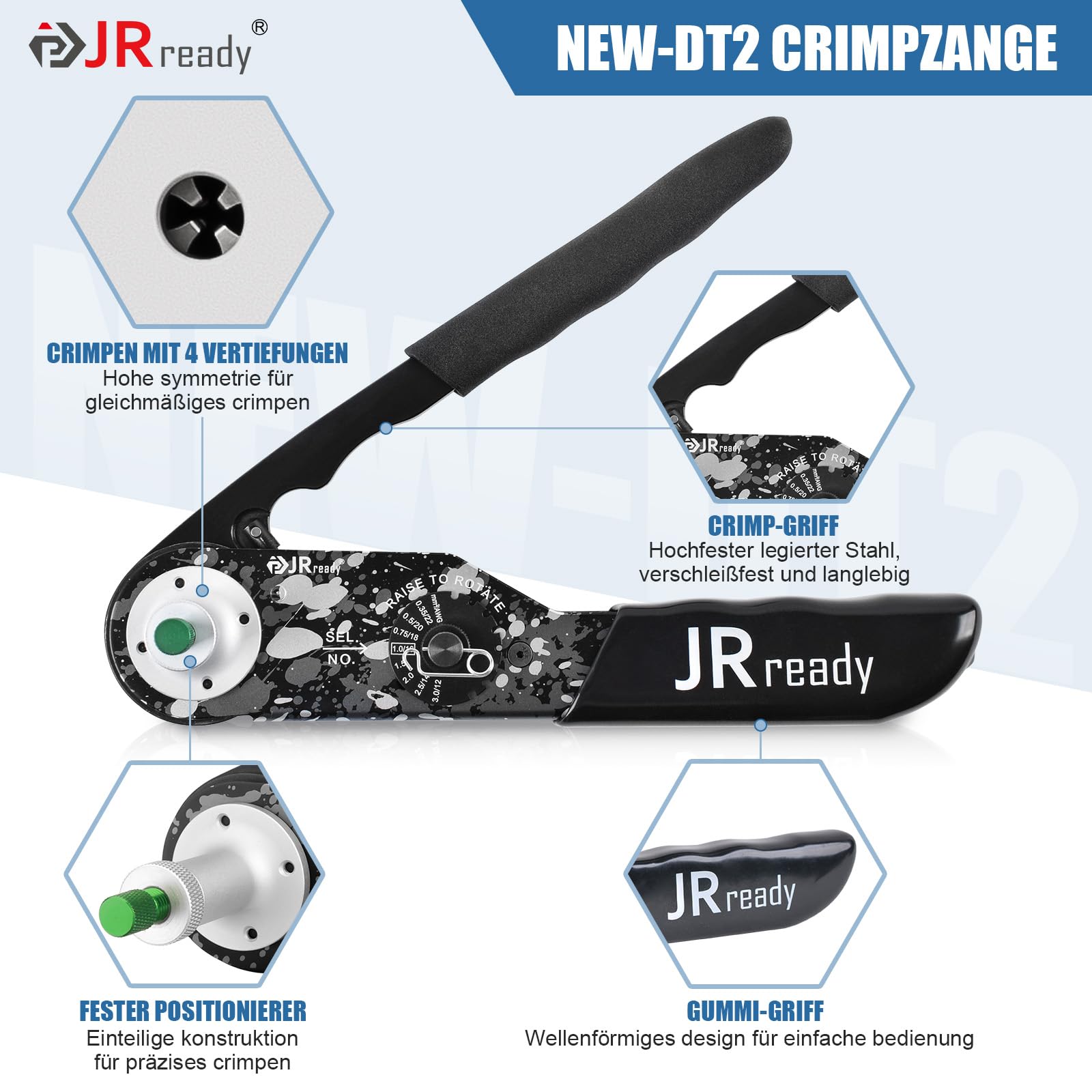 JRready NEW-DT2 Deutsch Crimpzange für Deutsch Stecker DT/DTM/DTP, Vierdorn-Crimpwerkzeug mit Positionierer, 12# 16# 20# gedrehte Kontakte, 12–22 AWG, HDT-48-00/HDT-4800 kompatibel