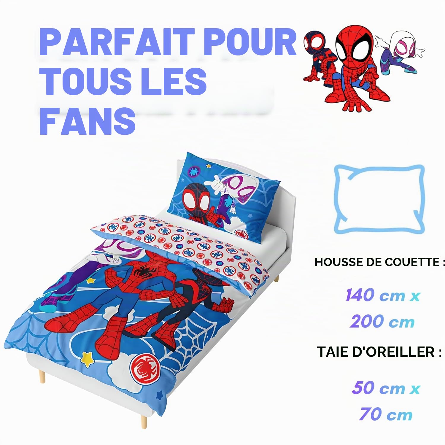 BrandMac Spidey & Friends Ensemble de Linge de lit pour Enfants | Housse de Couette 140 x 200 cm + Taie d’Oreiller 50 x 70 cm, 100% Coton | Linge de lit pour Enfants Doux et Respirant