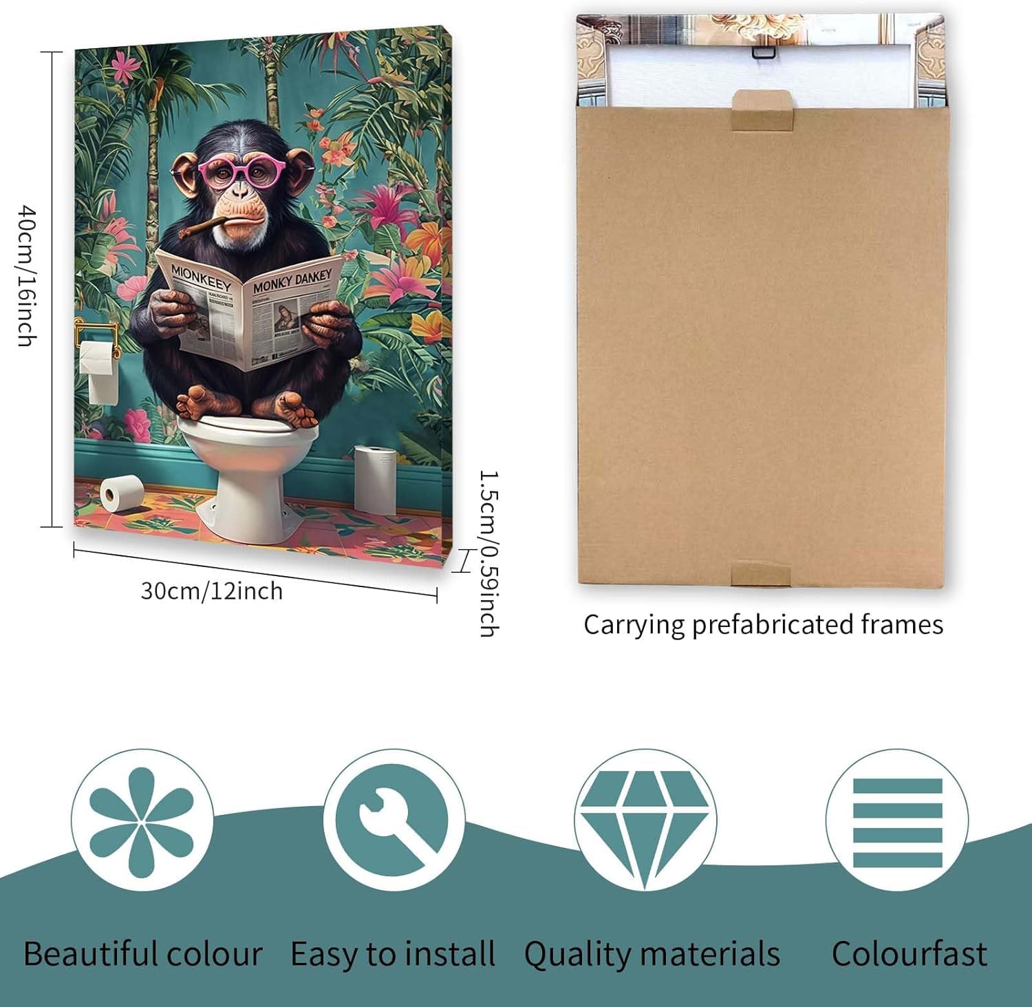 Qiukoo Funny Monkey Bathroom Wall Art – Waterproof Framed Canvas with Hanging Hooks, Toilet Wall Picture of Monkey Reading Newspaper, Humorous Bathroom or Toilet Decoration, 12 x 16 Inches — view 8