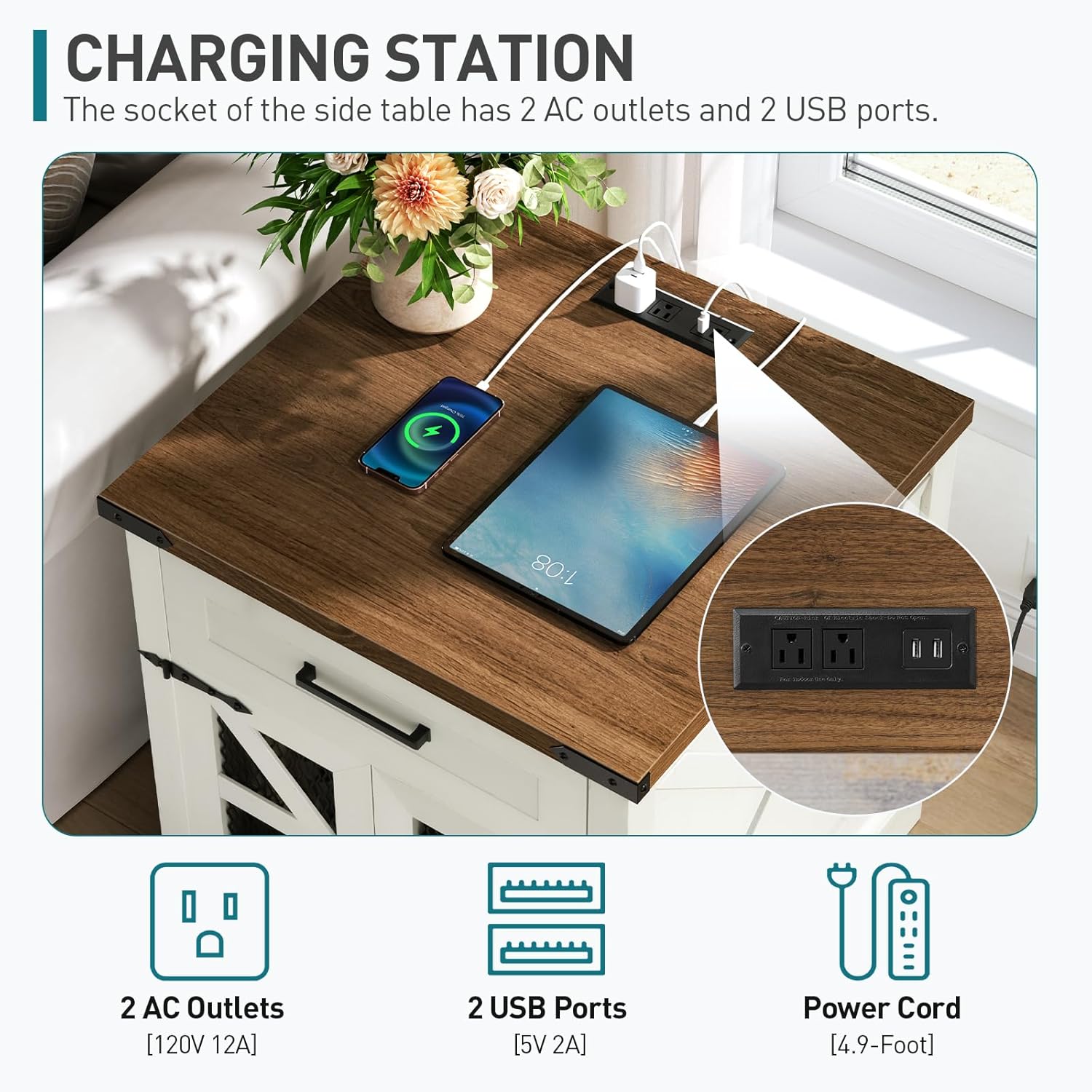 Top view of the RALGEND Farmhouse End Table showing devices charging from the integrated power outlets and USB ports.