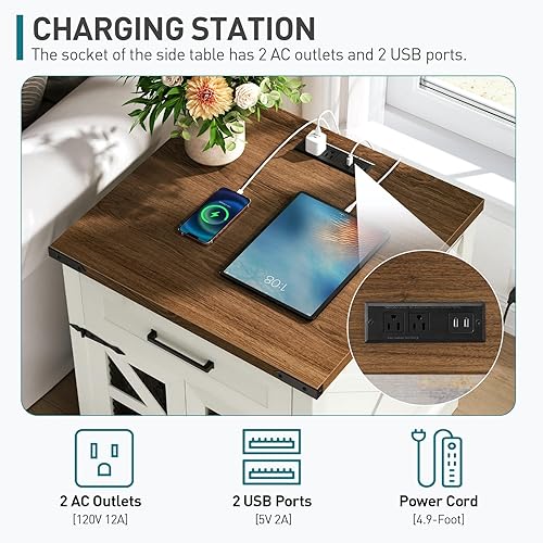 Miniatura 5 de Mesa auxiliar blanca de granja con estación de carga, mesa auxiliar grande de sofá de 24 pulgadas con cajón, mesa auxiliar grande para sala de