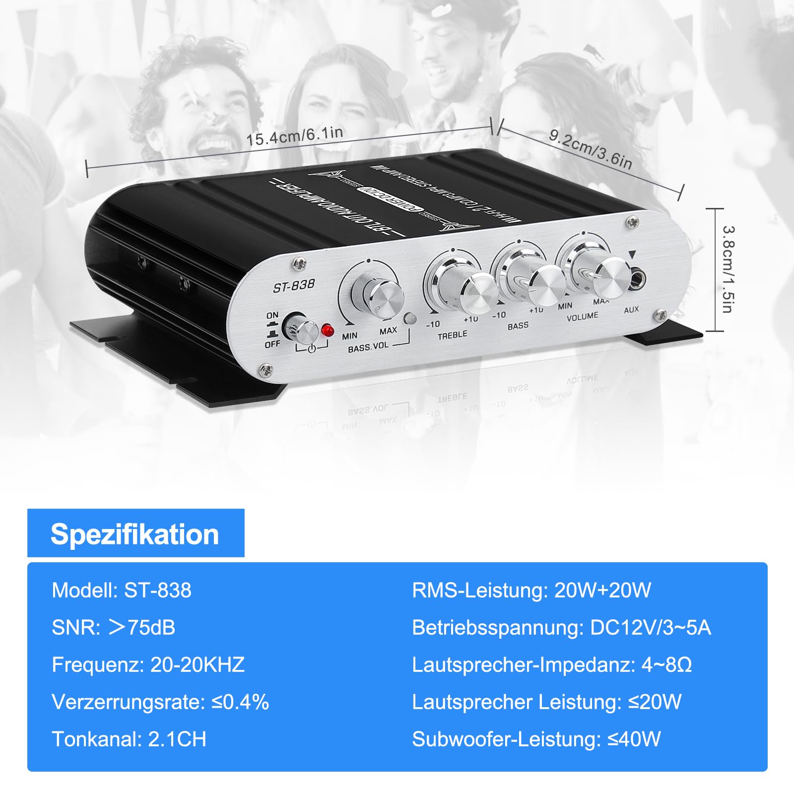 HiFi Audio Verstärker,2.1CH Stereo Verstärker,RMS 20Wx2+40W ST-838 mit Subwoofer Ausgang KlasseD Mini Digital Endstufe Empfänger mit AUX für Zuhause,Auto Lautsprecher,Schwarz(Inklusive Netzadapter)