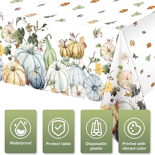 Miniatura 9 de Mantel de plástico con diseño de calabaza, hojas de cosecha de otoño, suministros de fiesta de Acción de Gracias, 54 x 108 pulgadas (paquete de 3)