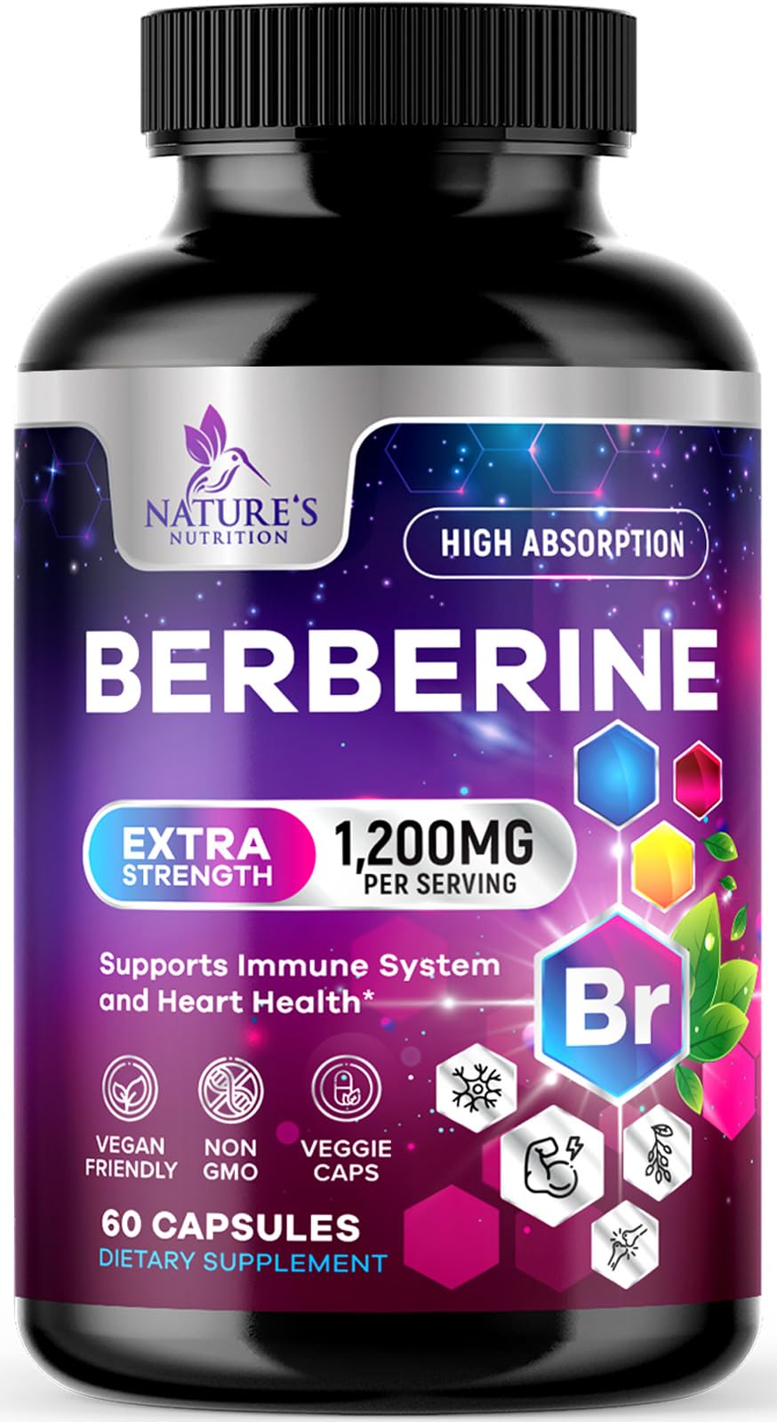 Berberine HCL Supplement 1200mg - High Absorption HCL, Extra Strength Berberine Supplement for Advanced Heart Health & Daily Immune Support, Sugar Free, Vegan, Bottled in USA - 60 Veggie Capsules