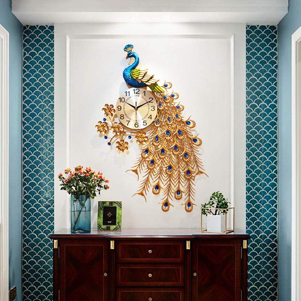 Reloj De Pared Grande Reloj De Pared De Pavo Real, Metal Batería Movimiento Silencioso, Adecuado para Sala De Estar Bar Oficina Escuela 60 * 93 Cm