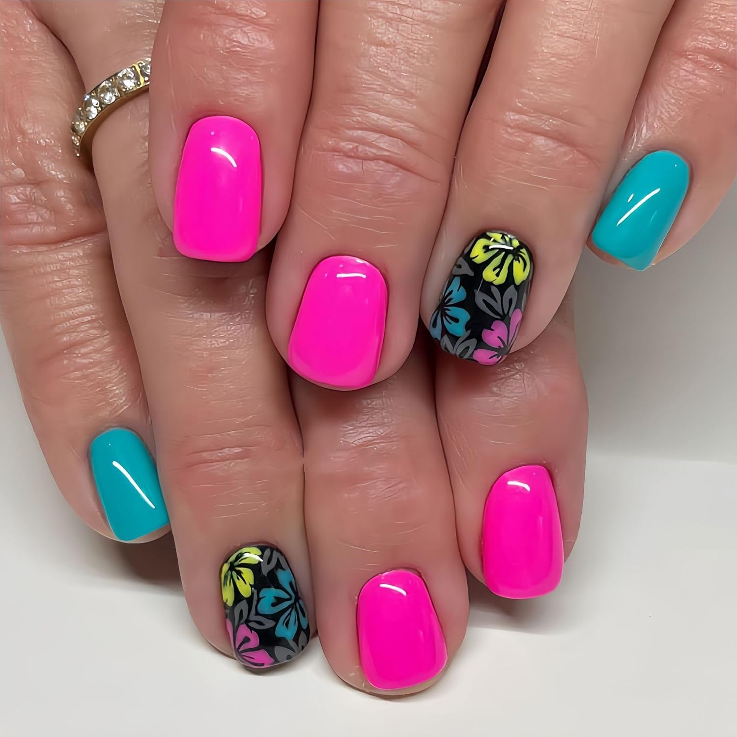 Long French Press on Nails with Design Hot Pink Square Shape Colorful Swirls French Tips Fake Nails Glossy Gel Press Nails Full Cover Reusable Glue on Nails for Women Girls in 24 PCS Shining 119
