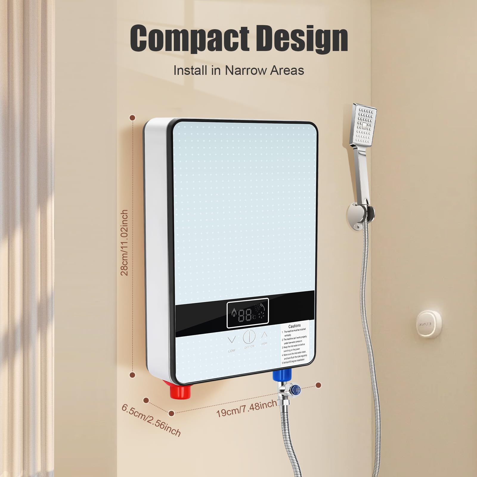 Calentador de agua instantáneo Ducha, Calentador de agua eléctrico sin tanque, 6500W Agua Caliente Instantánea Baño Ducha, Baño Calentador de Agua Eléctrico 0-55℃, 29 × 19 × 6.5cm